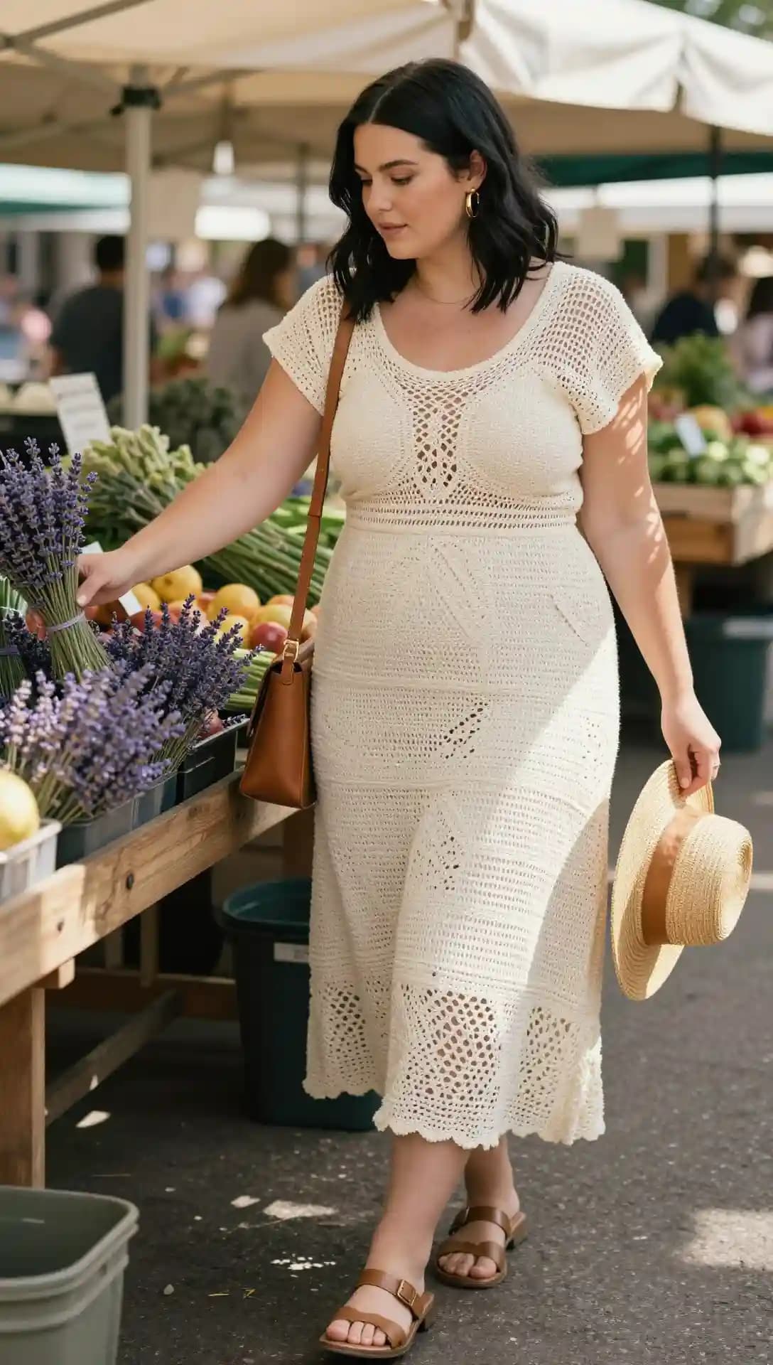 Cream Crochet Midi Dress + Brown Leather Sandals + Straw Hat