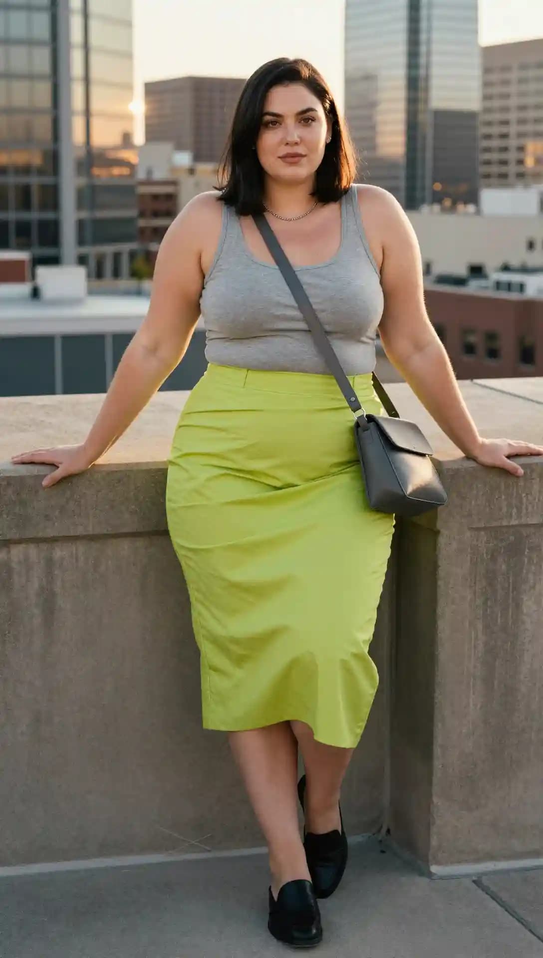 Grey Tank Top + Lime Green Midi Skirt + Black Loafers