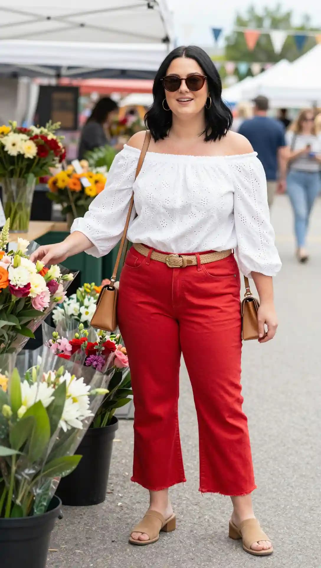 White Eyelet Off-the-Shoulder Top + Red Cropped Jeans