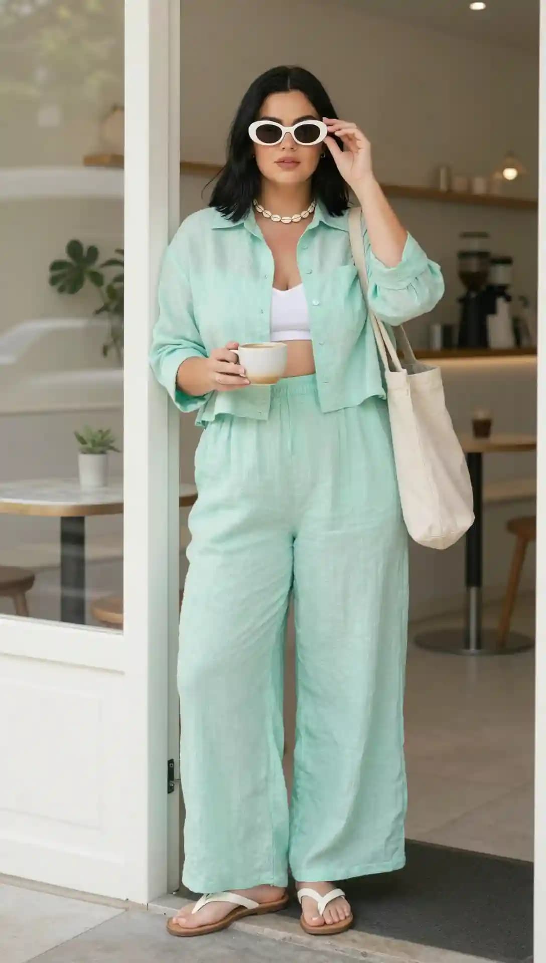 White Crop Top + Mint Green Linen Shirt + Mint Green Linen Pants