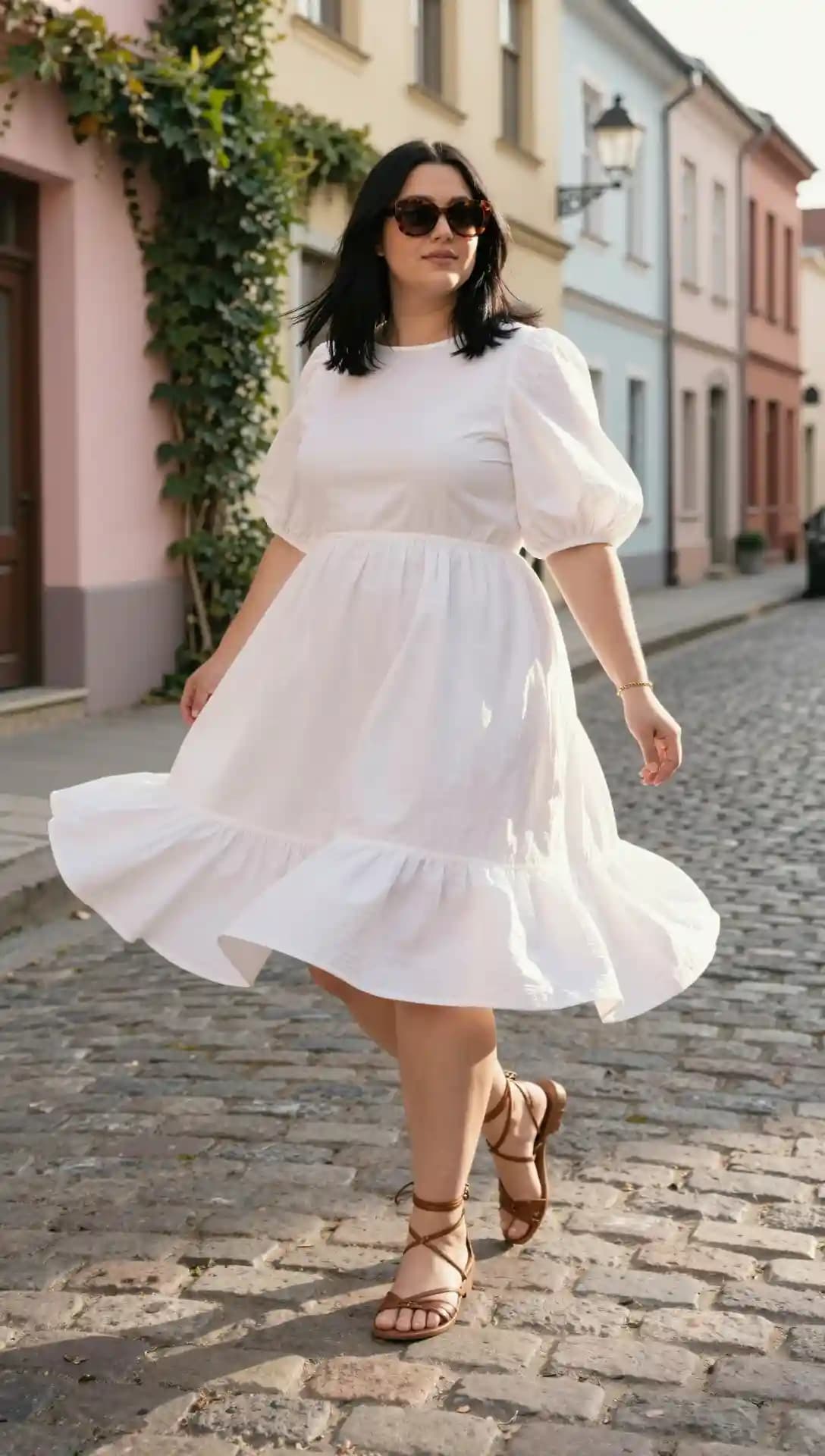 White Puff Sleeve Midi Dress + Brown Strappy Sandals