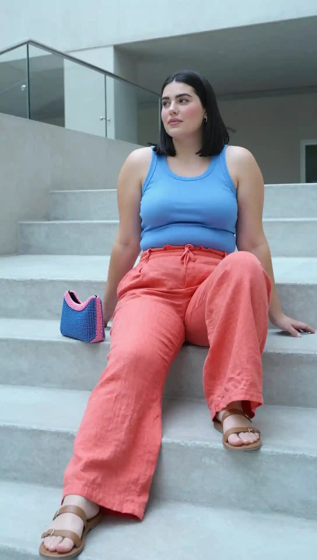 Blue Ribbed Tank Top + Coral Linen Pants + Brown Sandals