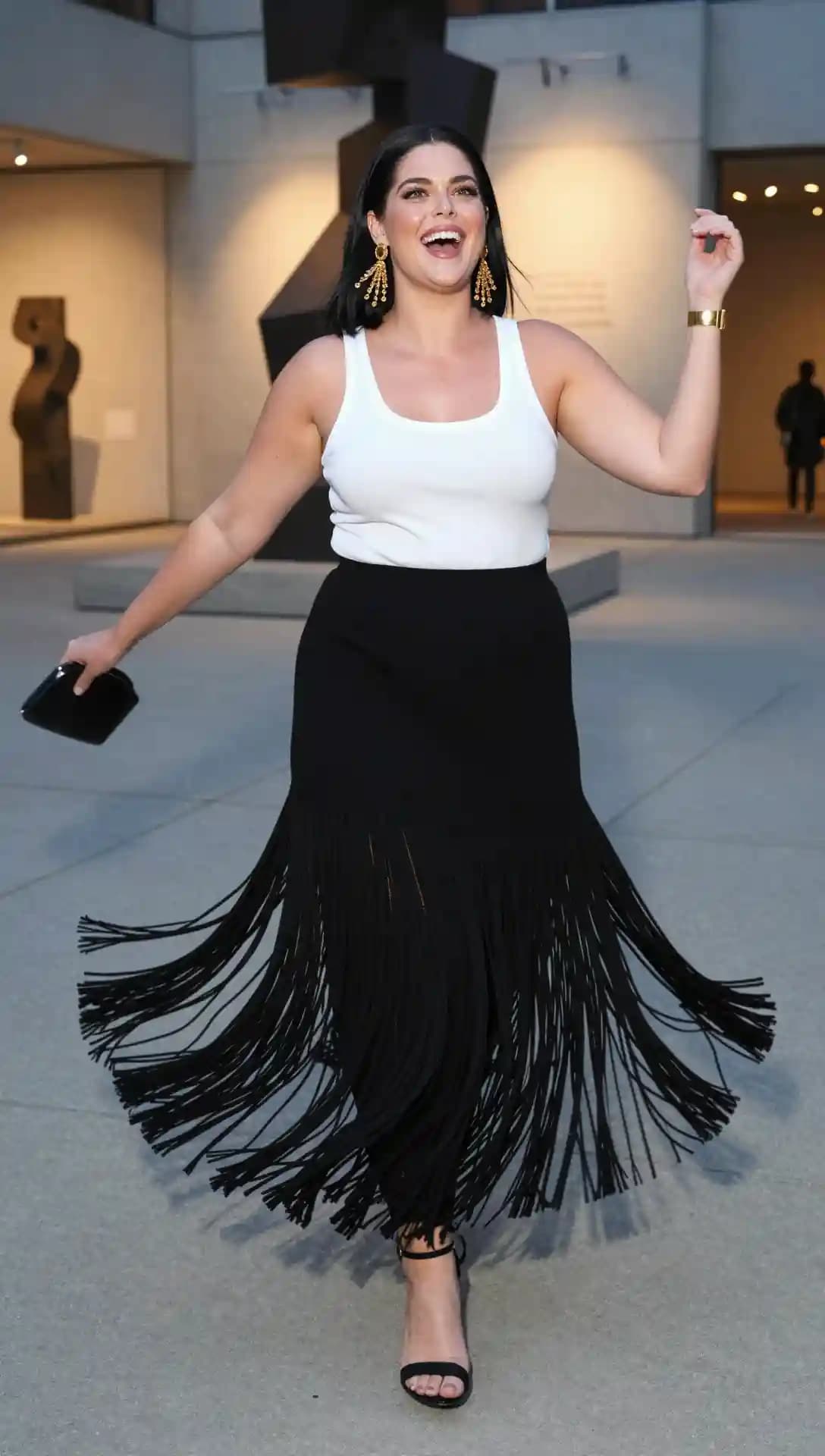 White Tank Top + Black Fringe Maxi Skirt