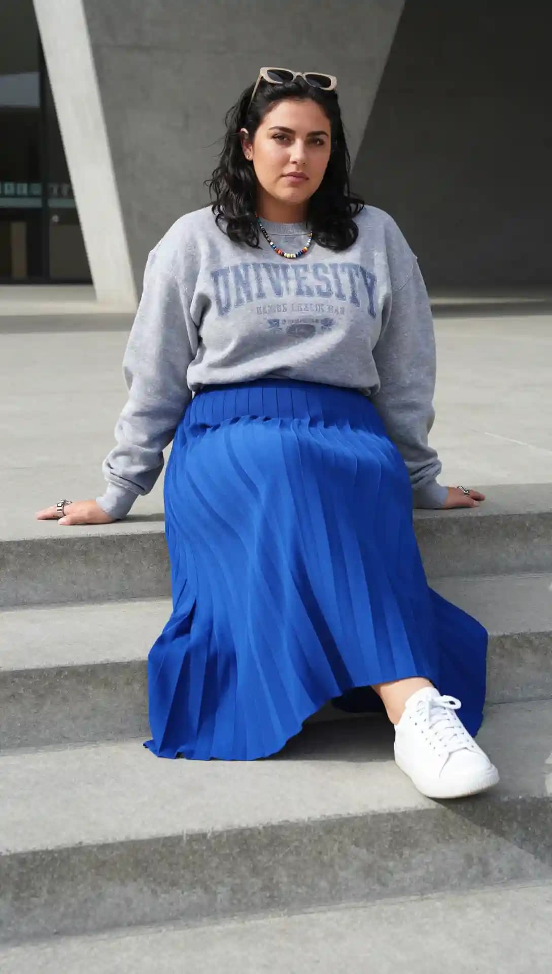 Grey University Sweatshirt + Blue Pleated Maxi Skirt