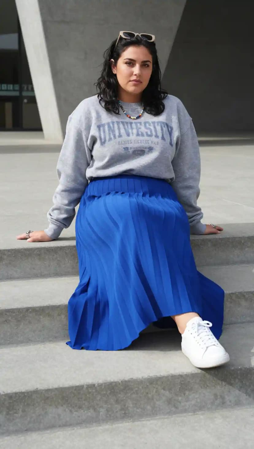 Grey University Sweatshirt + Blue Pleated Maxi Skirt