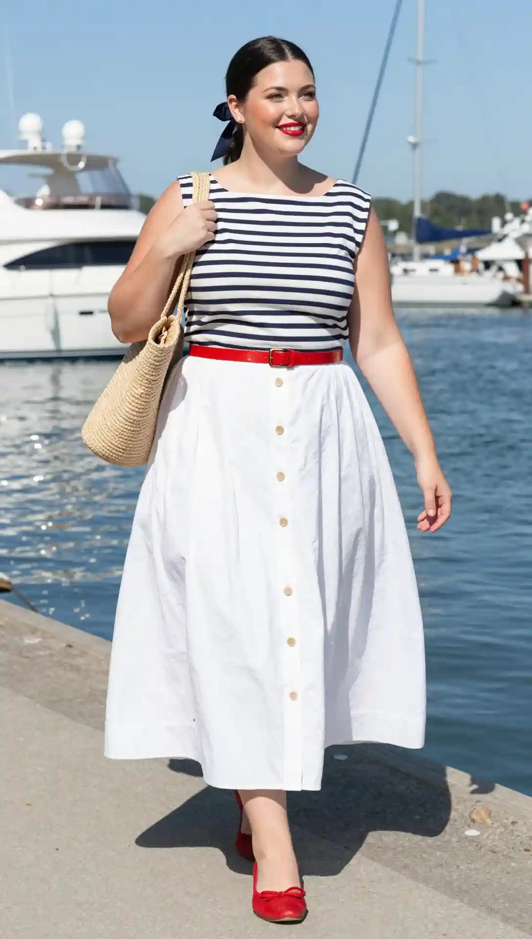 Navy and White Striped Top + White Button-Front Midi Skirt
