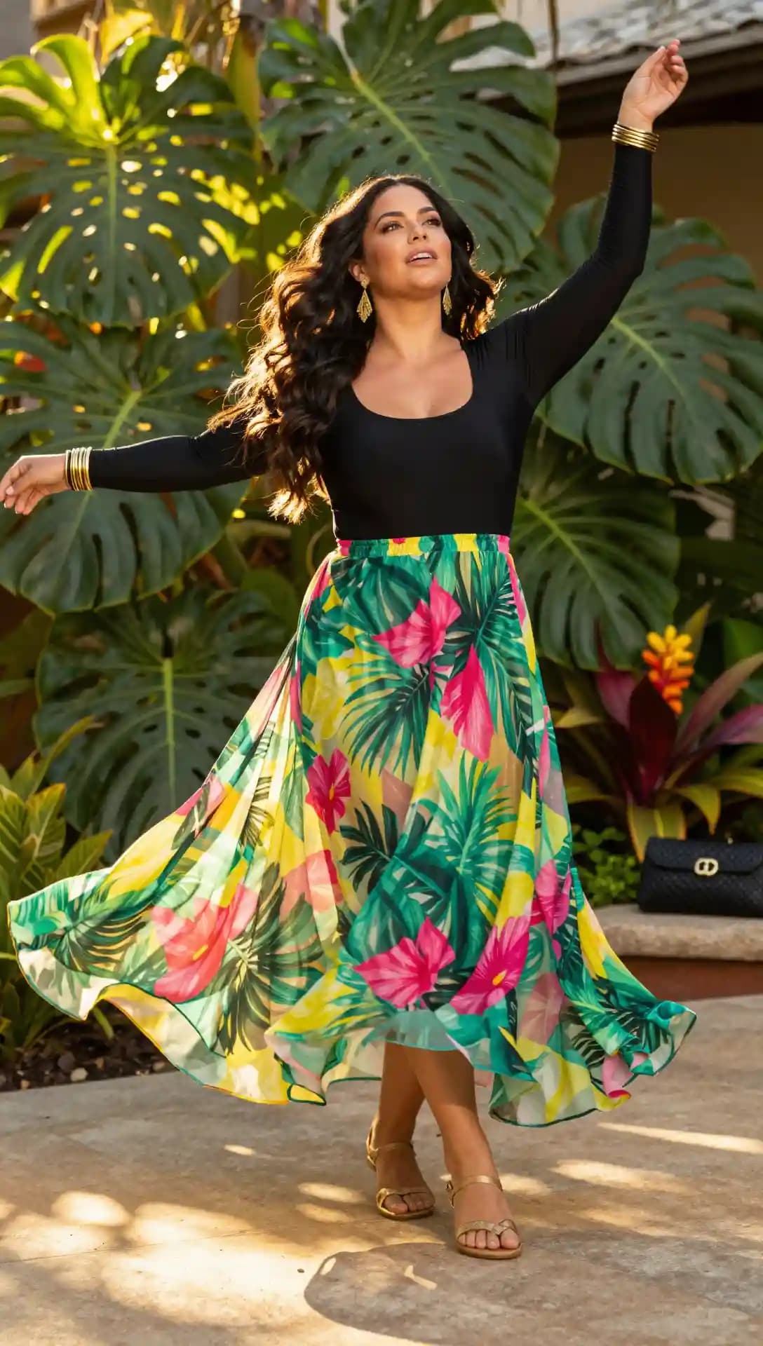 Black Bodysuit + Tropical Print Maxi Skirt
