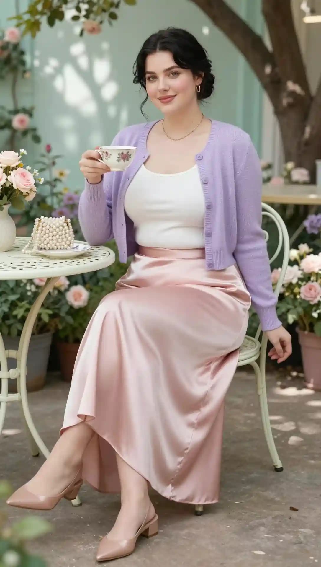 White Tank Top + Lavender Cardigan + Pink Satin Skirt