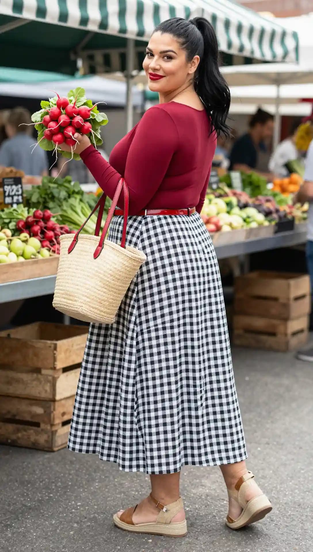 Maroon Long-Sleeve Top + Black and White Gingham Maxi Skirt