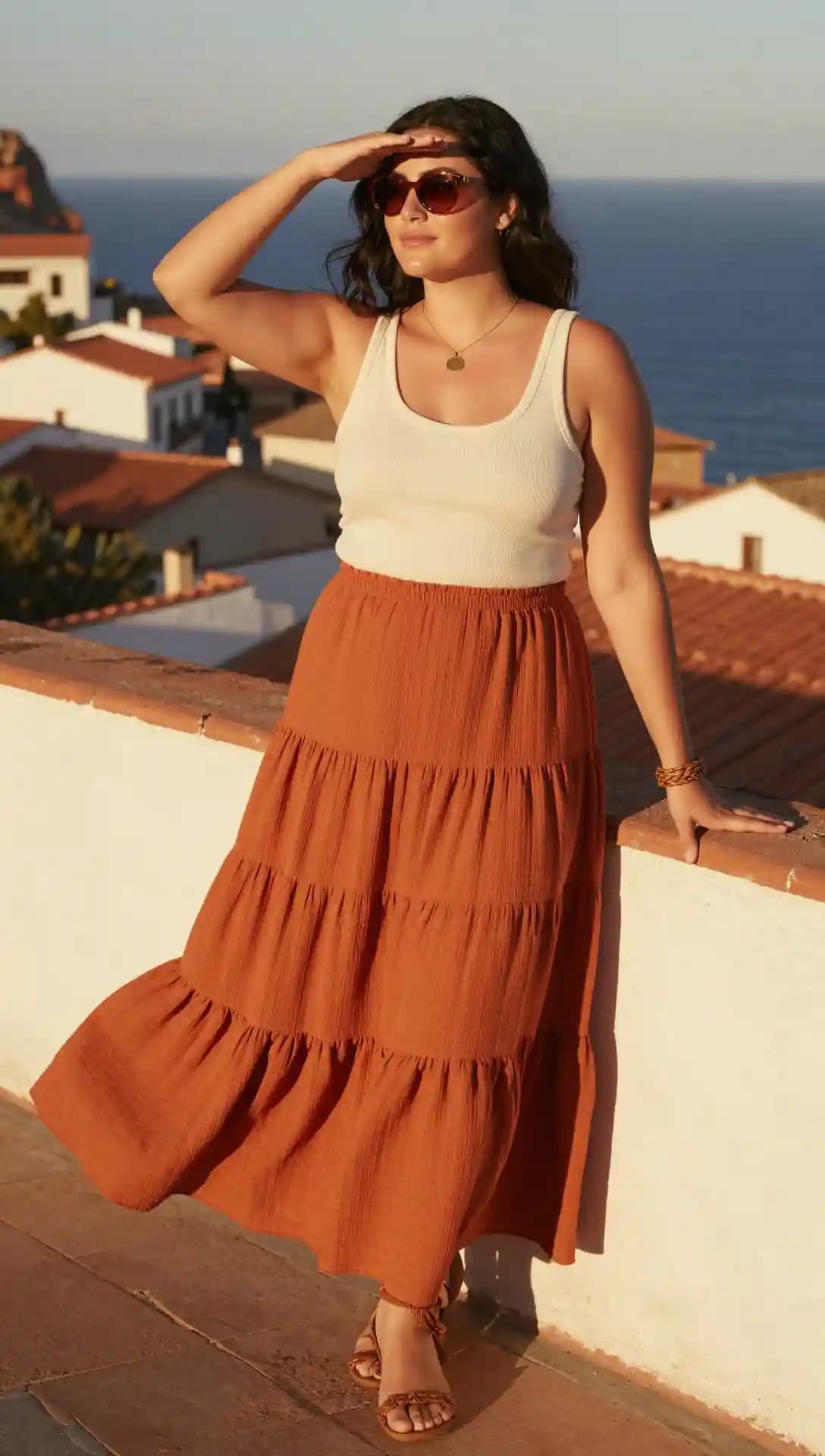Cream Tank Top + Terracotta Tiered Maxi Skirt