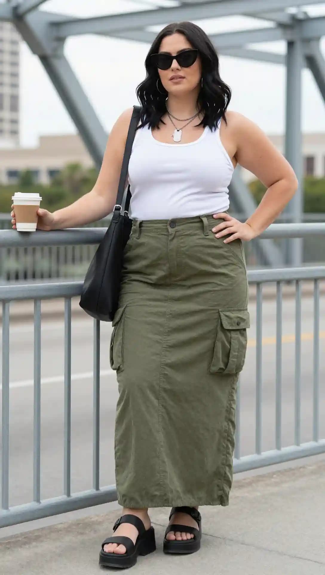 White Ribbed Tank Top + Olive Cargo Maxi Skirt