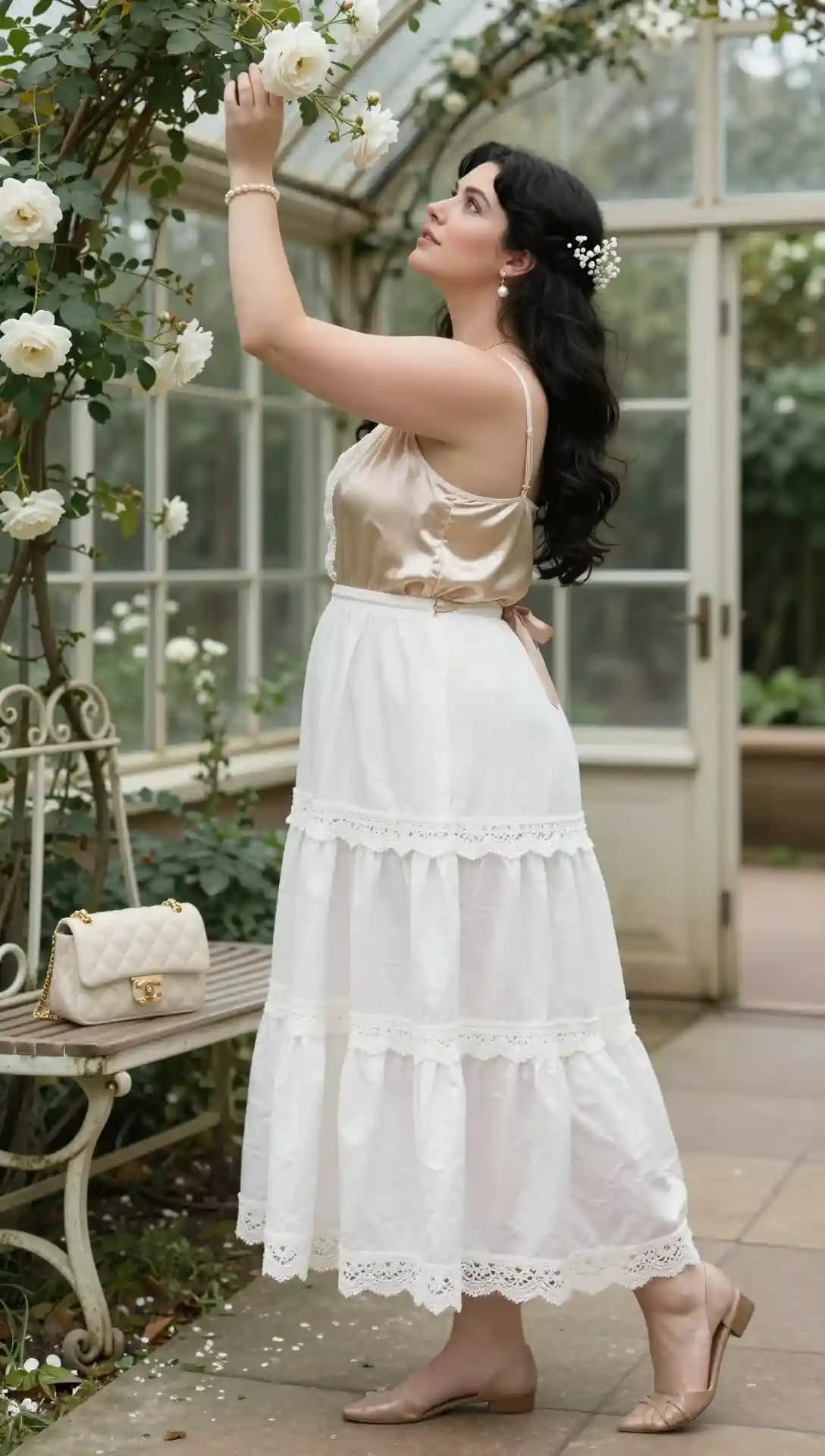 Champagne Satin Camisole + White Tiered Lace Maxi Skirt