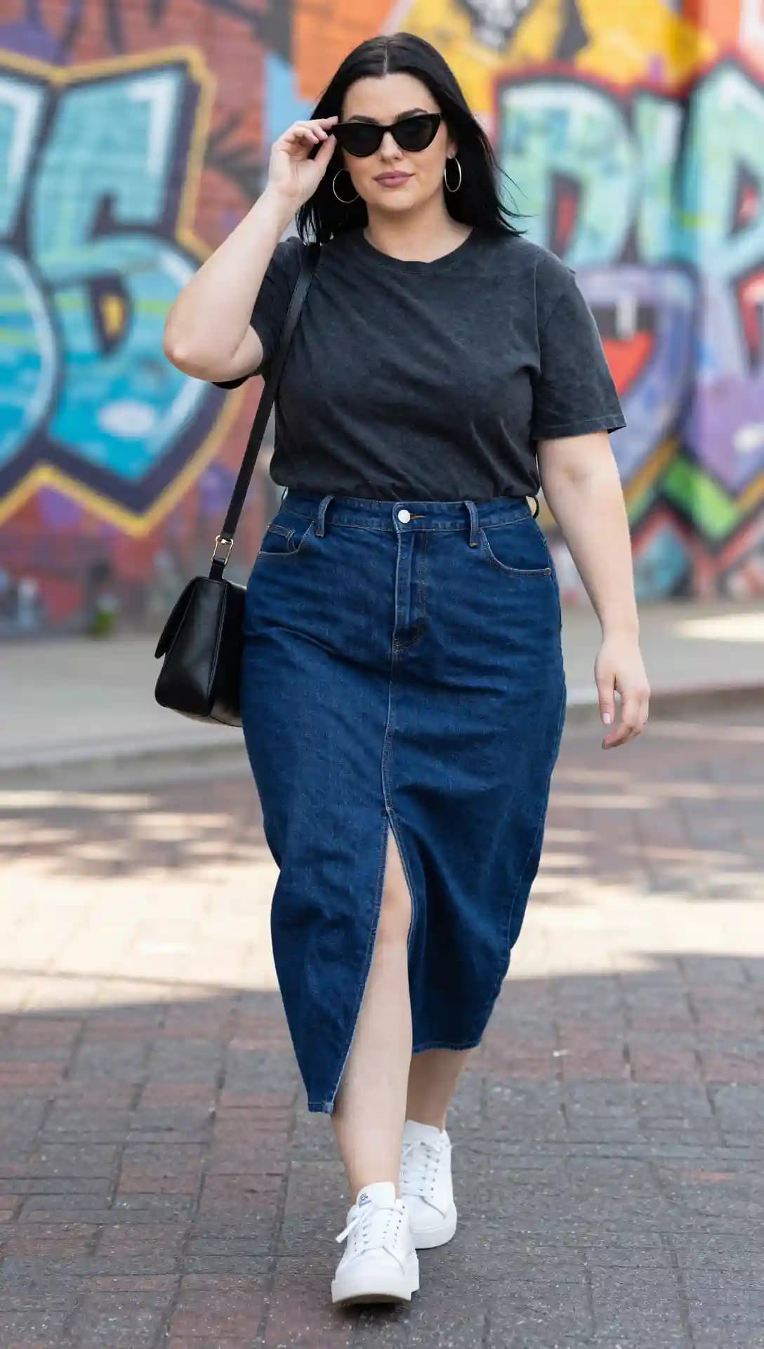 Charcoal T-Shirt + Dark Wash Denim Midi Skirt