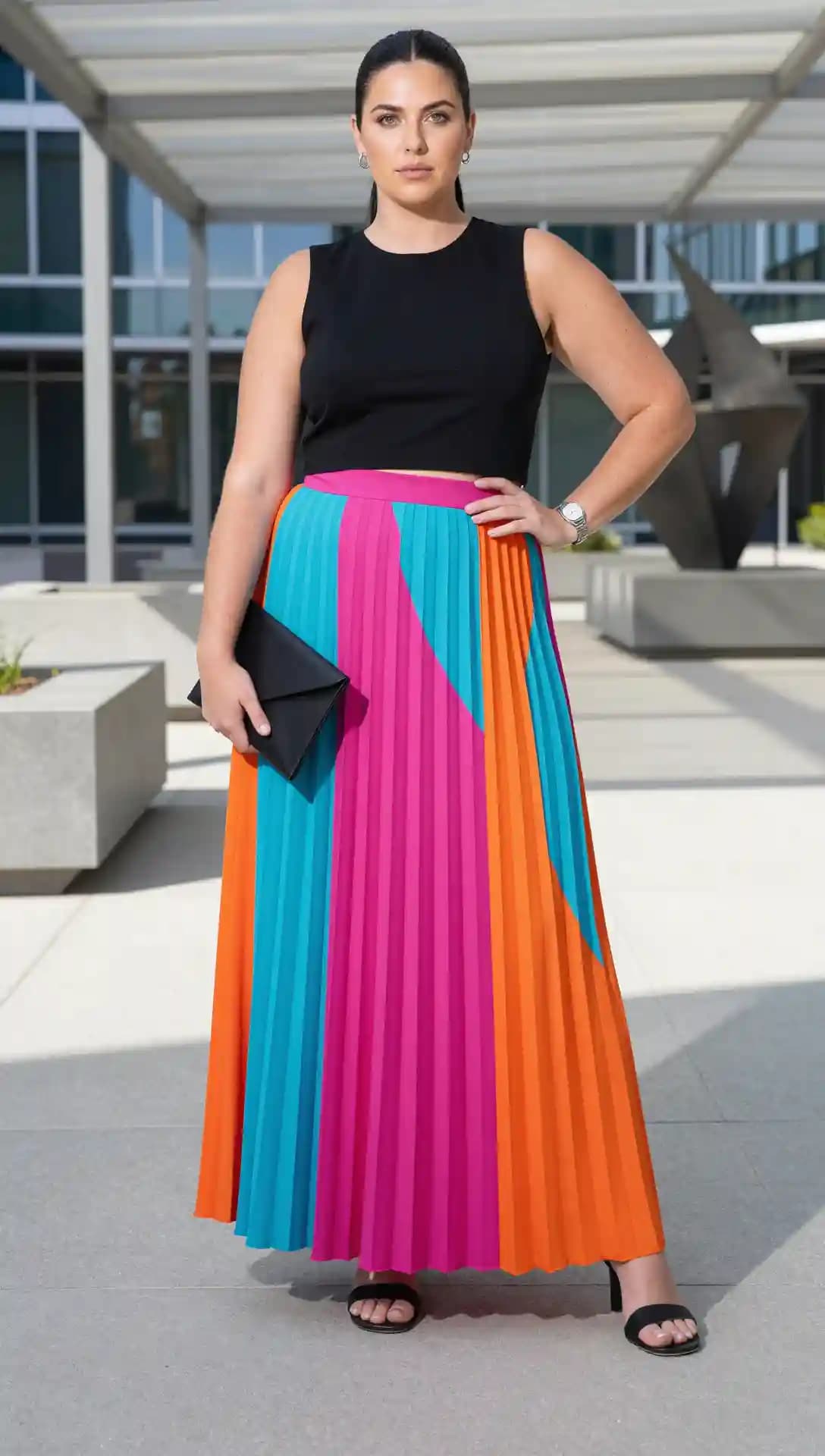 Black Sleeveless Crop Top + Pleated Color Block Maxi Skirt