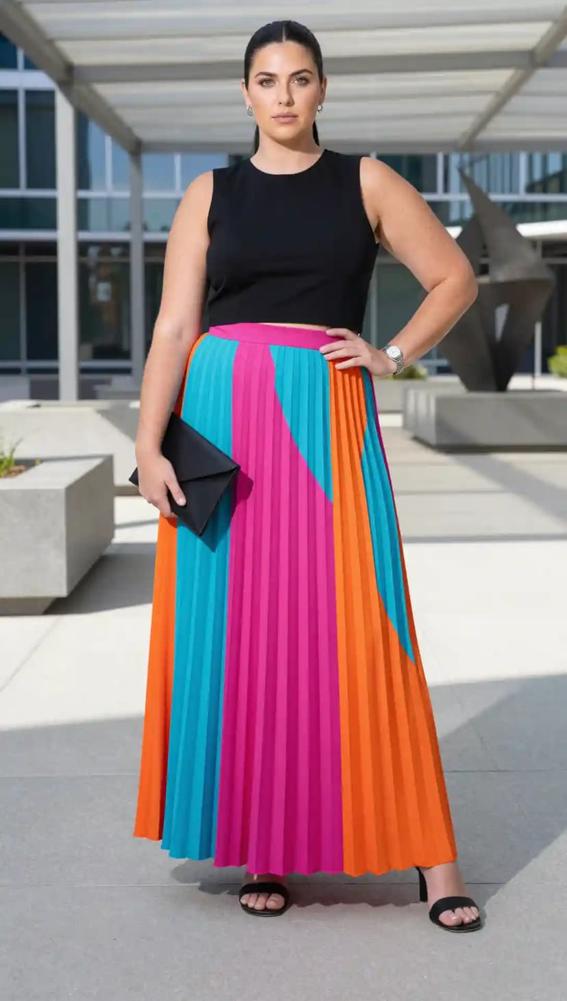 Black Sleeveless Crop Top + Pleated Color Block Maxi Skirt