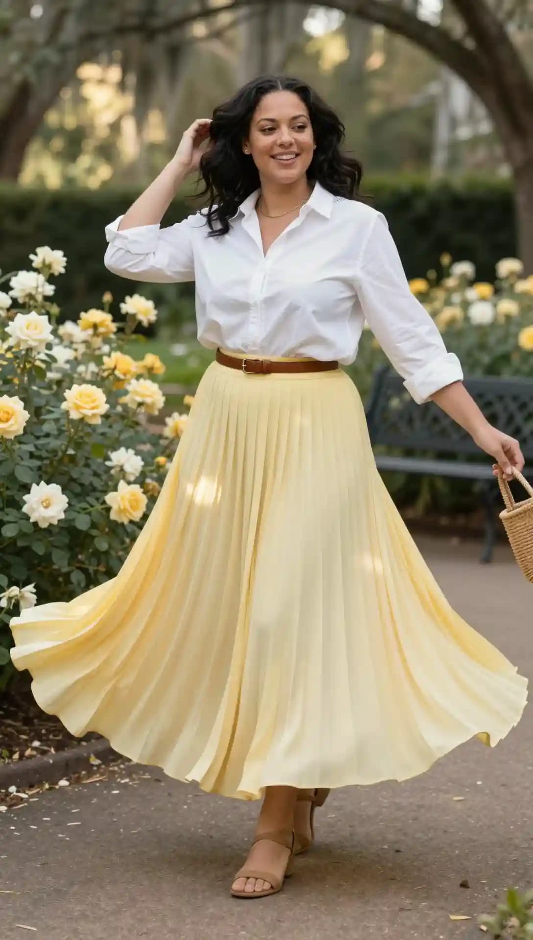 White Button-Up Shirt + Yellow Pleated Maxi Skirt