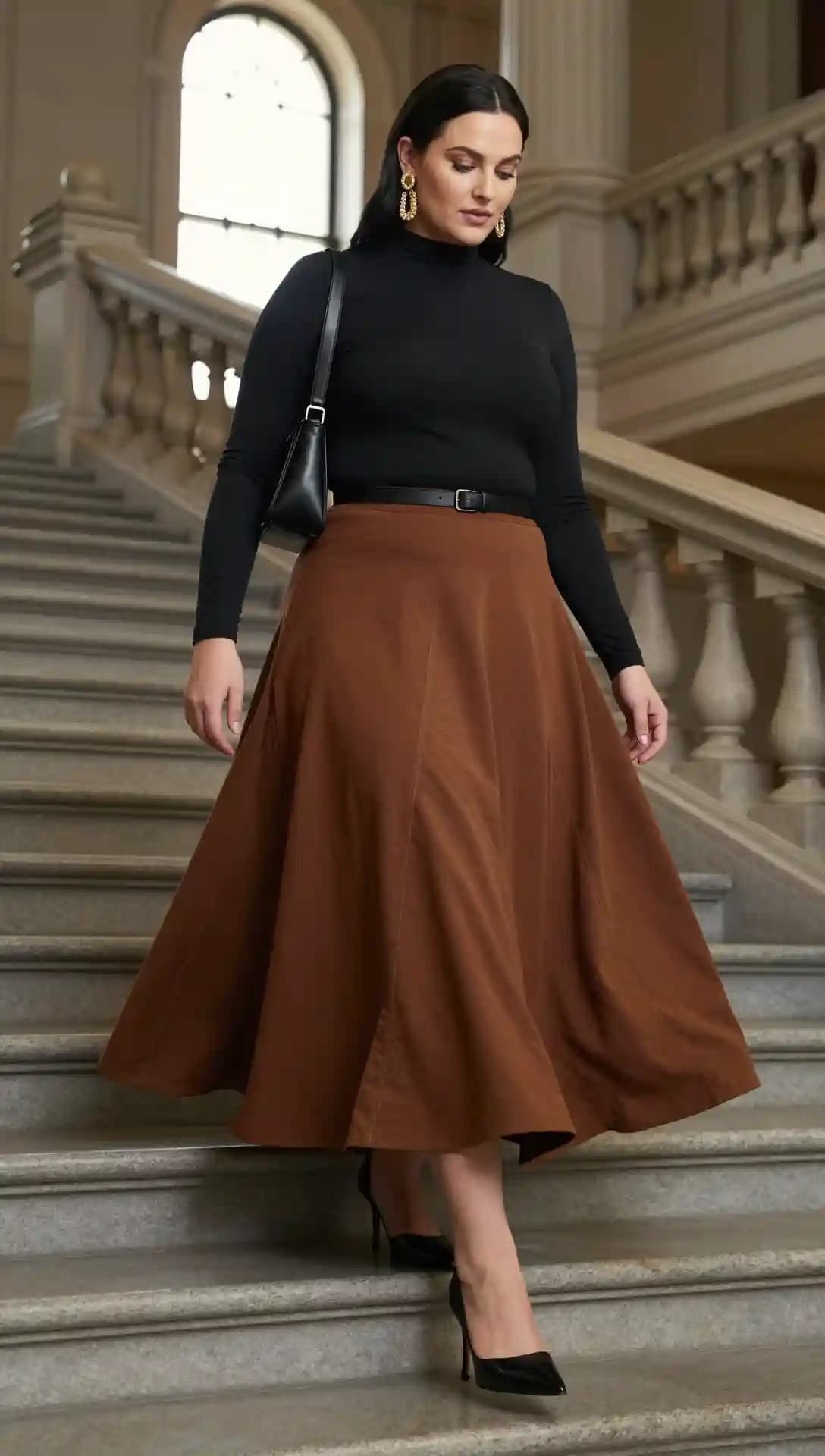 Black Long-Sleeve Turtleneck + Brown Corduroy Maxi Skirt
