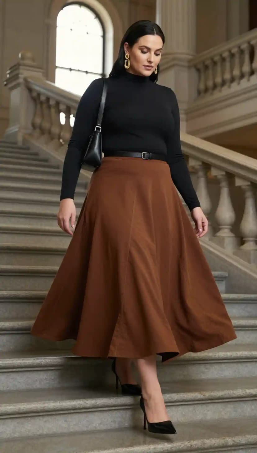 Black Long-Sleeve Turtleneck + Brown Corduroy Maxi Skirt