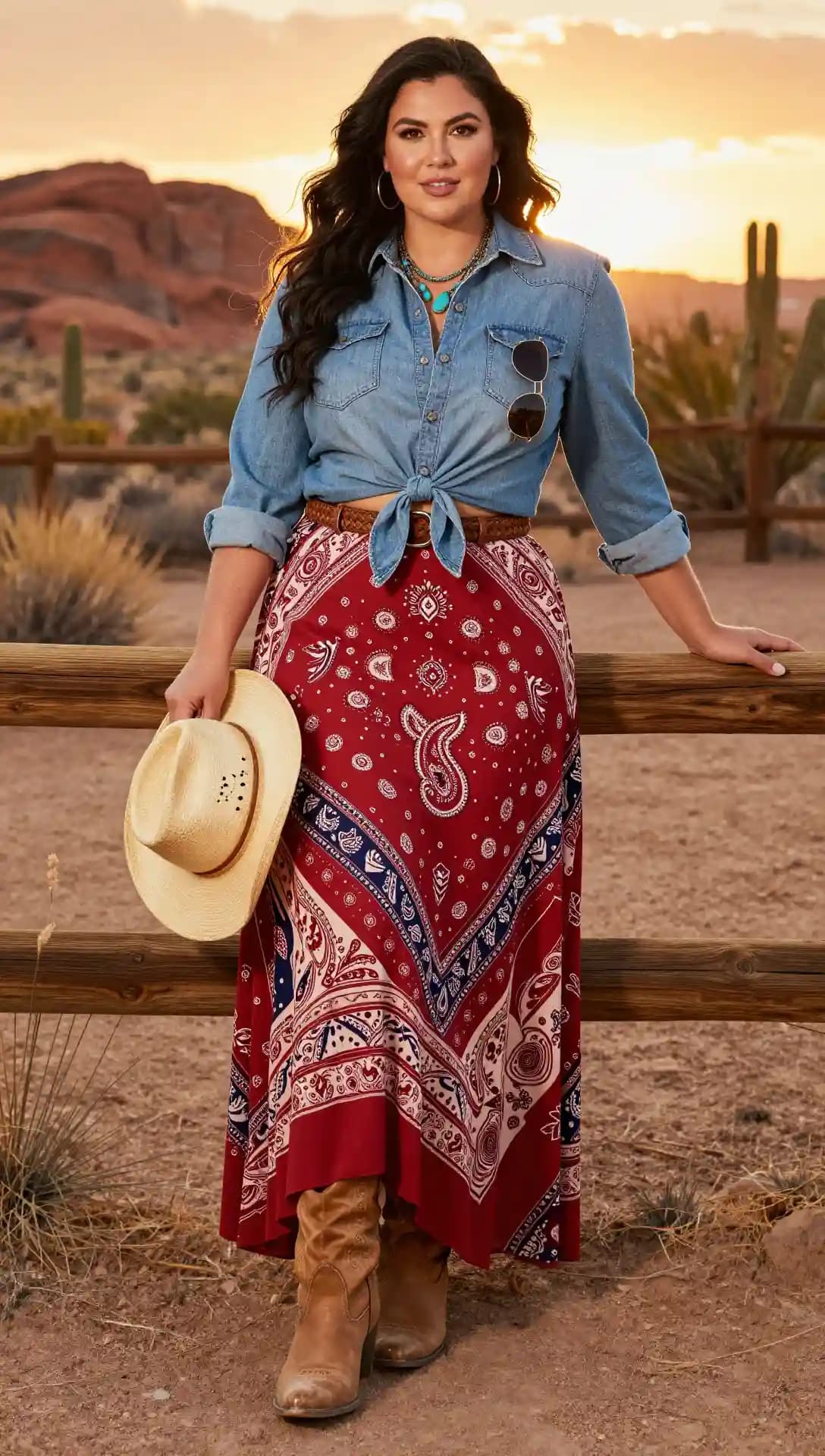 Denim Button-Up Shirt + Red Paisley Maxi Skirt