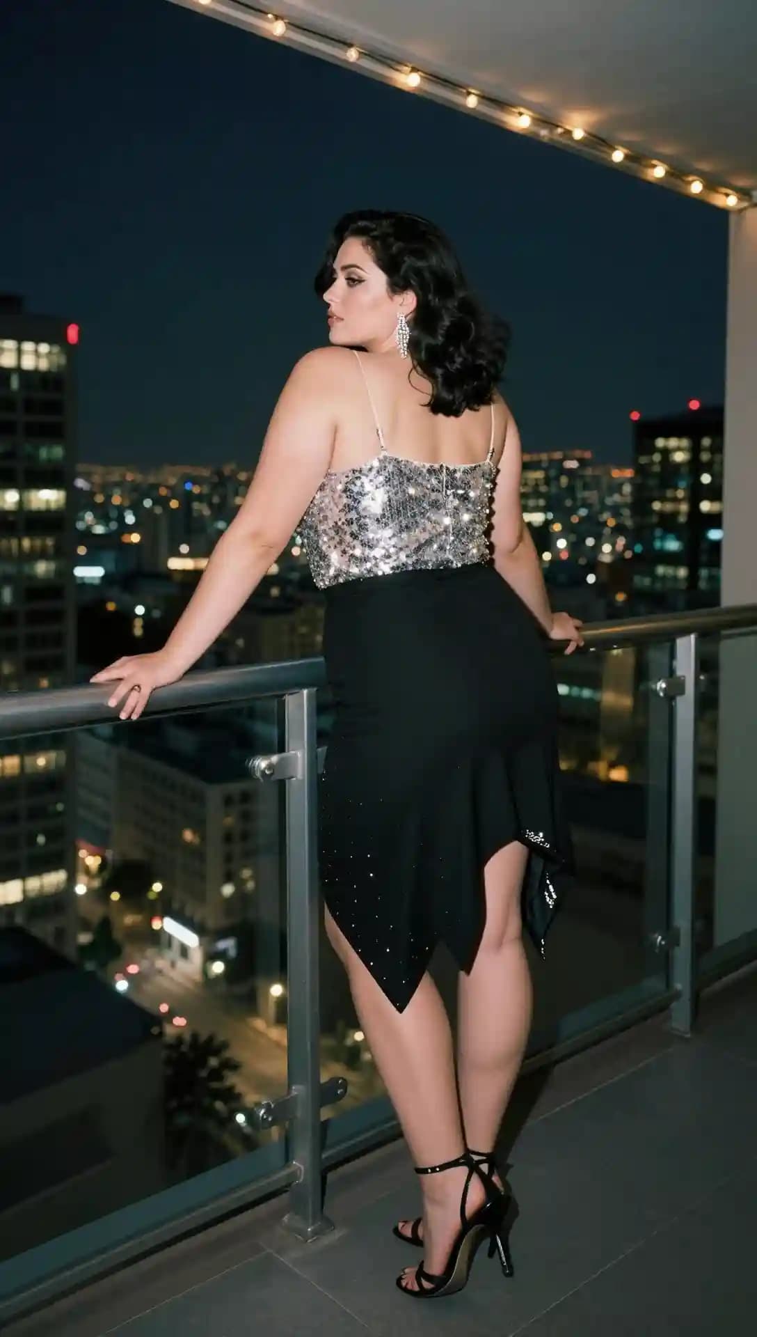 Silver Sequin Cami Top + Black Asymmetrical Mini Skirt + Black Strappy Heels + Statement Earrings