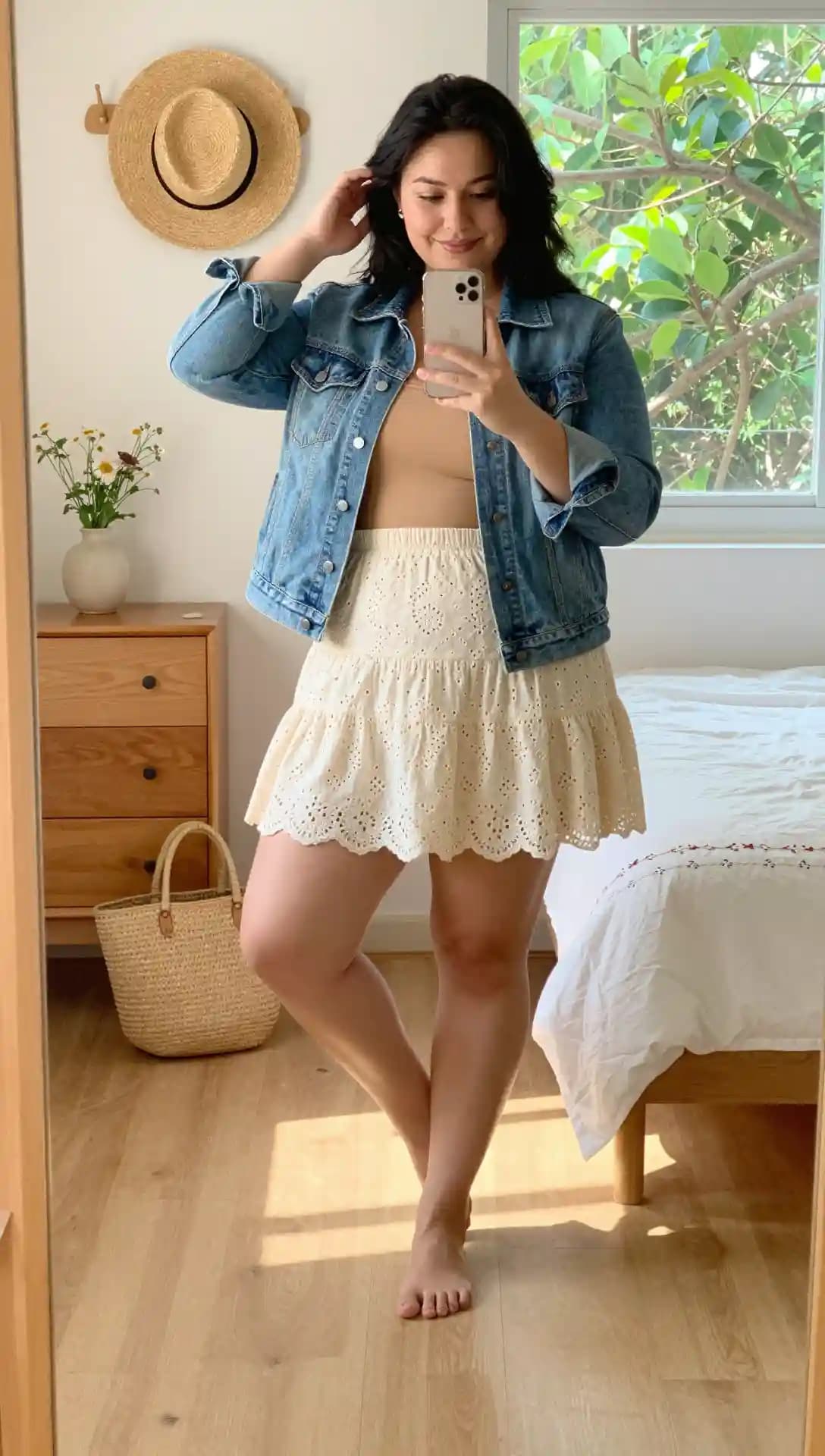 Beige Tank Top + Blue Denim Mini Skirt + Denim Jacket + White Sunglasses + Straw Tote Bag
