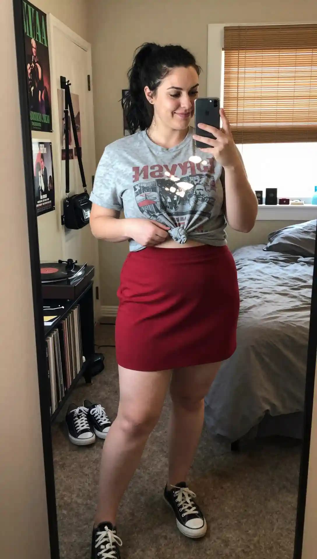 Grey Graphic T-Shirt + Red Mini Skirt + Black Converse Sneakers