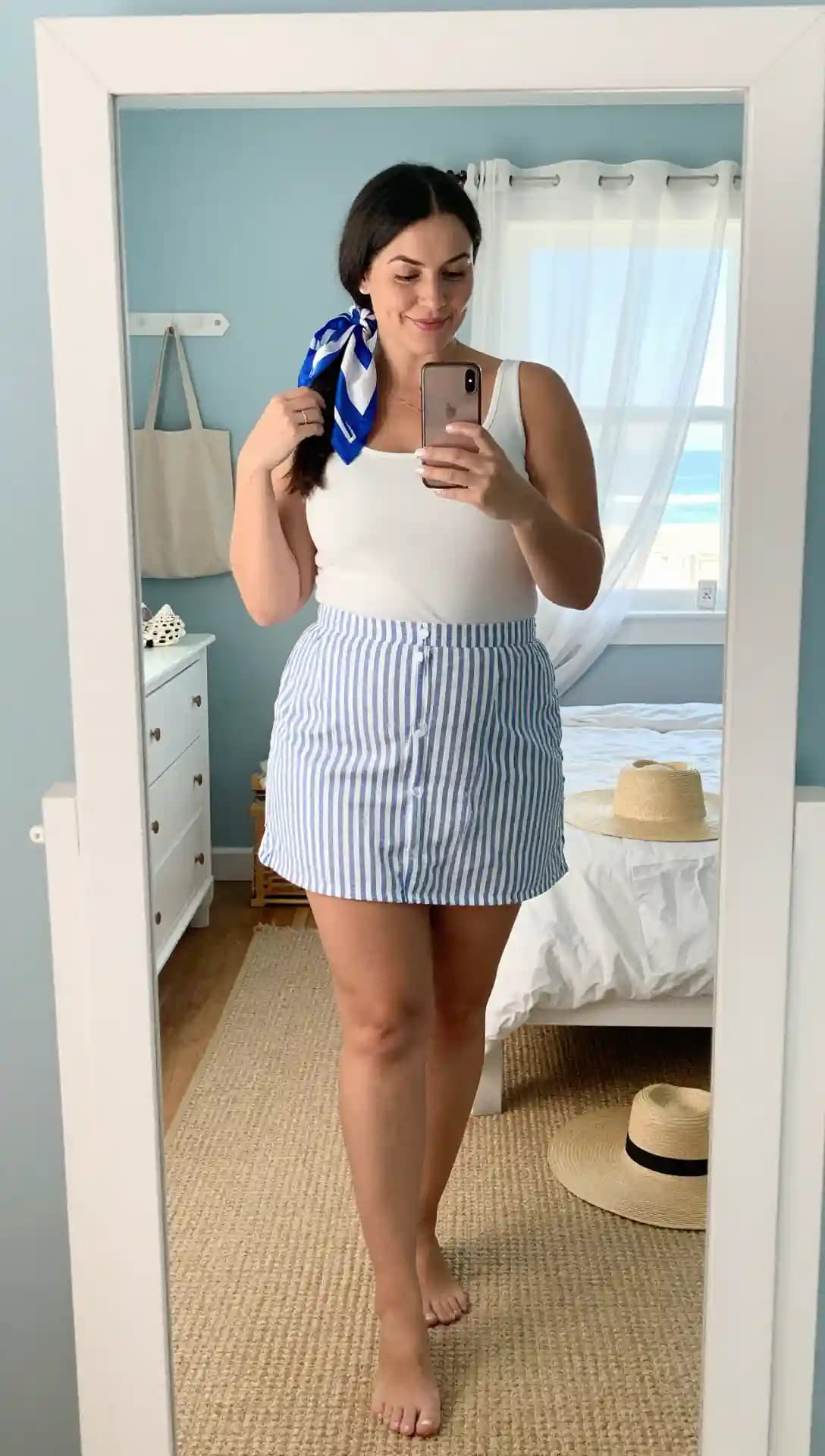 White Tank Top + Blue and White Striped Mini Skirt + Blue and White Scarf