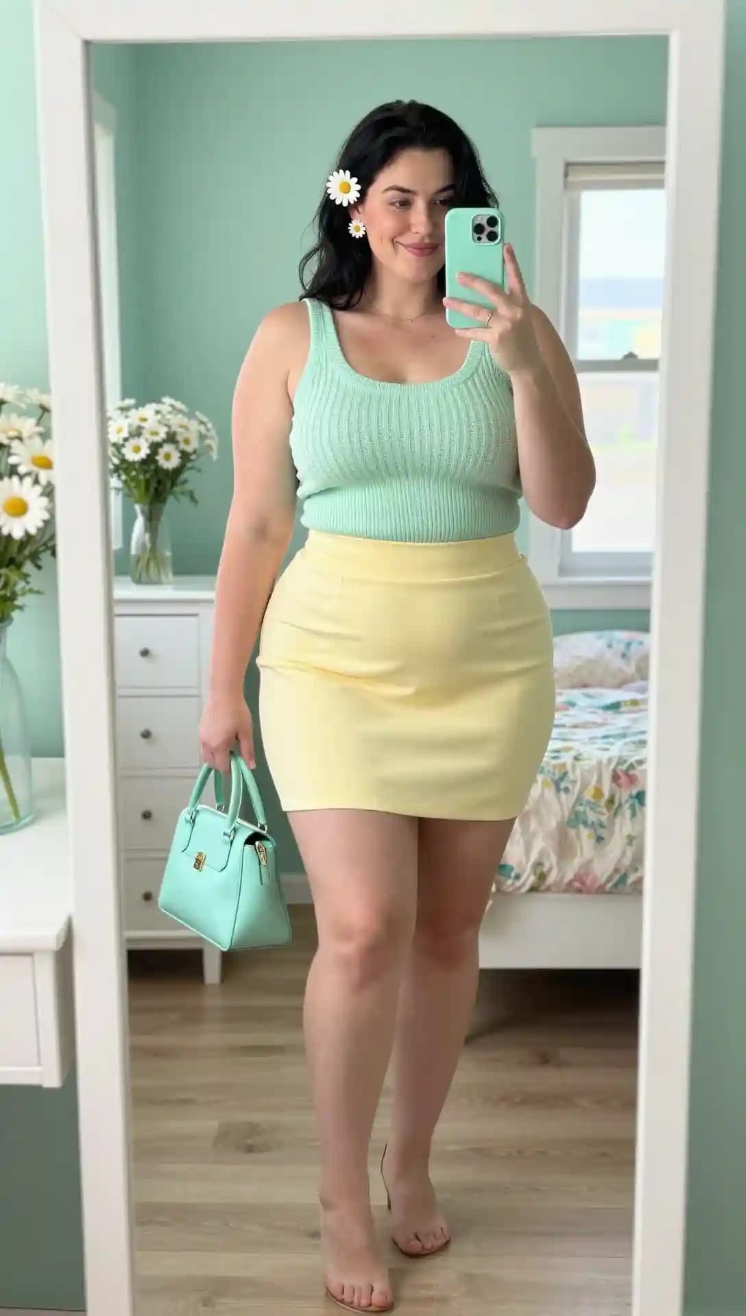 Mint Green Ribbed Tank Top + Yellow Mini Skirt + Mint Green Handbag + Daisy Hair Clip