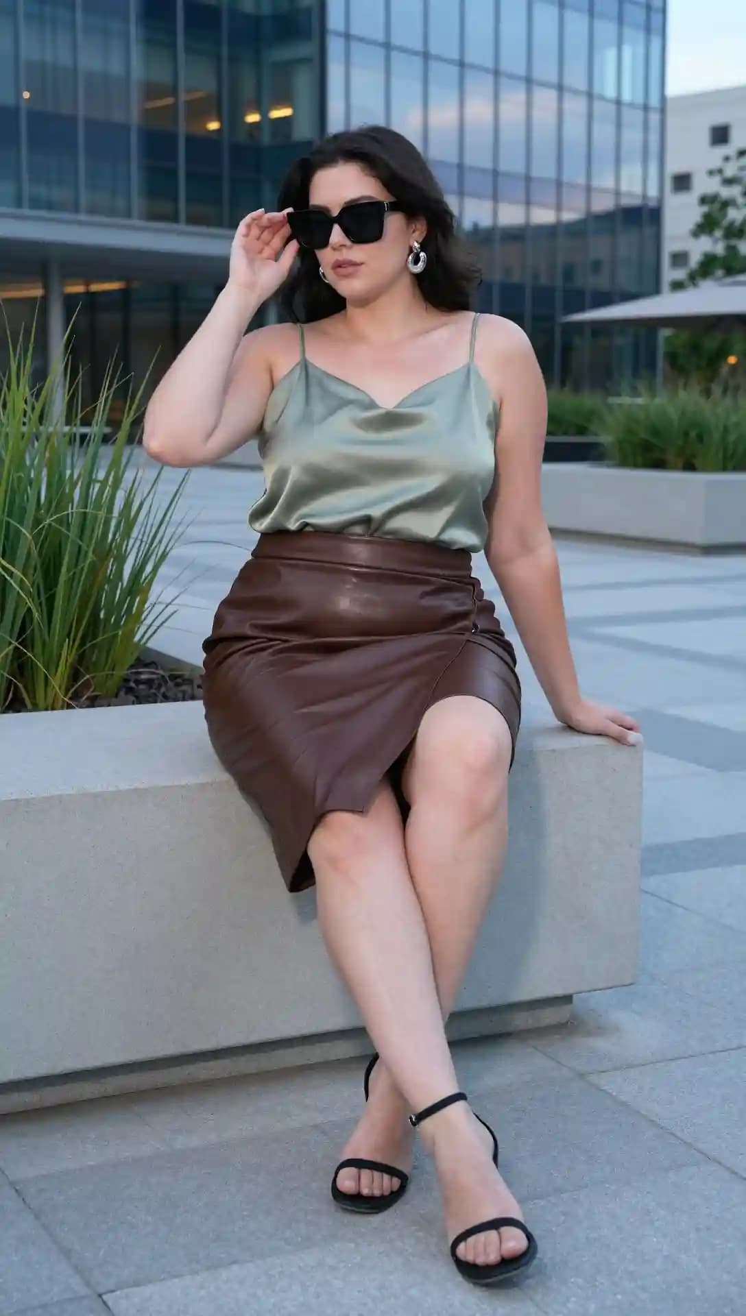 Sage Green Satin Cami Top + Brown Faux Leather Wrap Mini Skirt + Black Strappy Heels