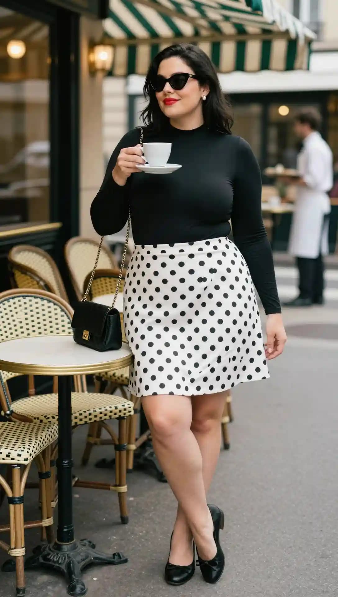 Black Mock Neck Long Sleeve Top + White Polka Dot Mini Skirt + Black Pointed Toe Heels + Black Quilted Shoulder Bag