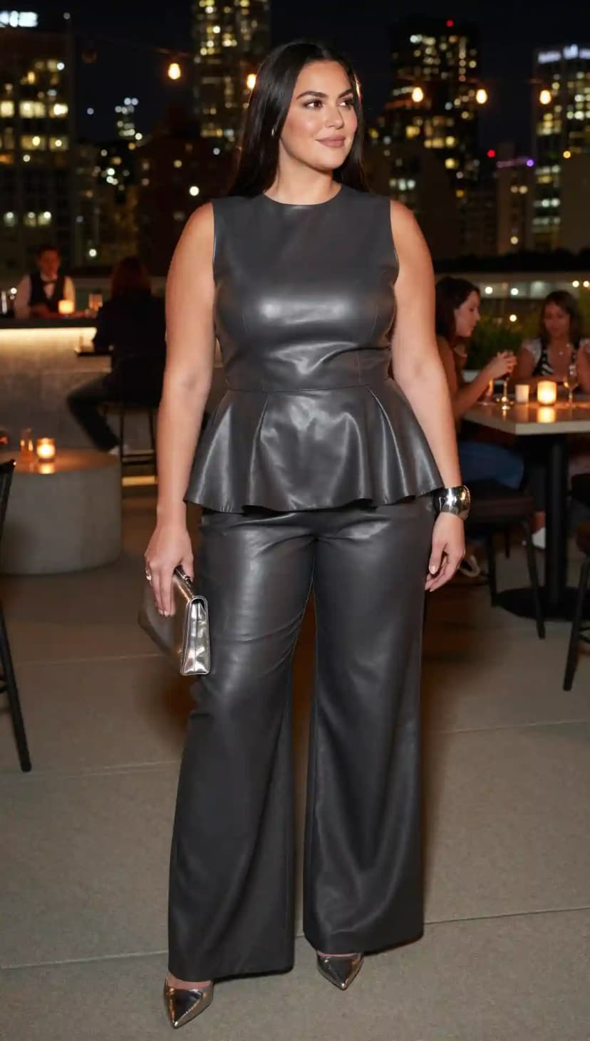 Charcoal Leather Peplum Top + Charcoal Wide-Leg Pants + Silver Clutch + Silver Pointed Heels