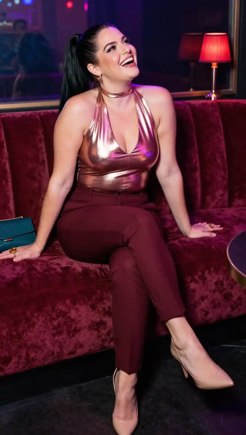 Metallic Halter Top + Maroon Trousers + Nude Pumps