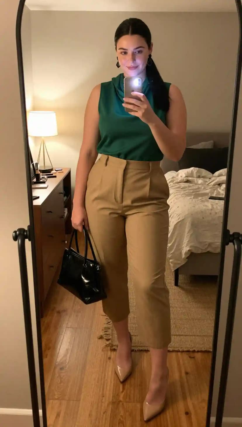 Emerald Green Sleeveless Top + Khaki Wide-Leg Trousers