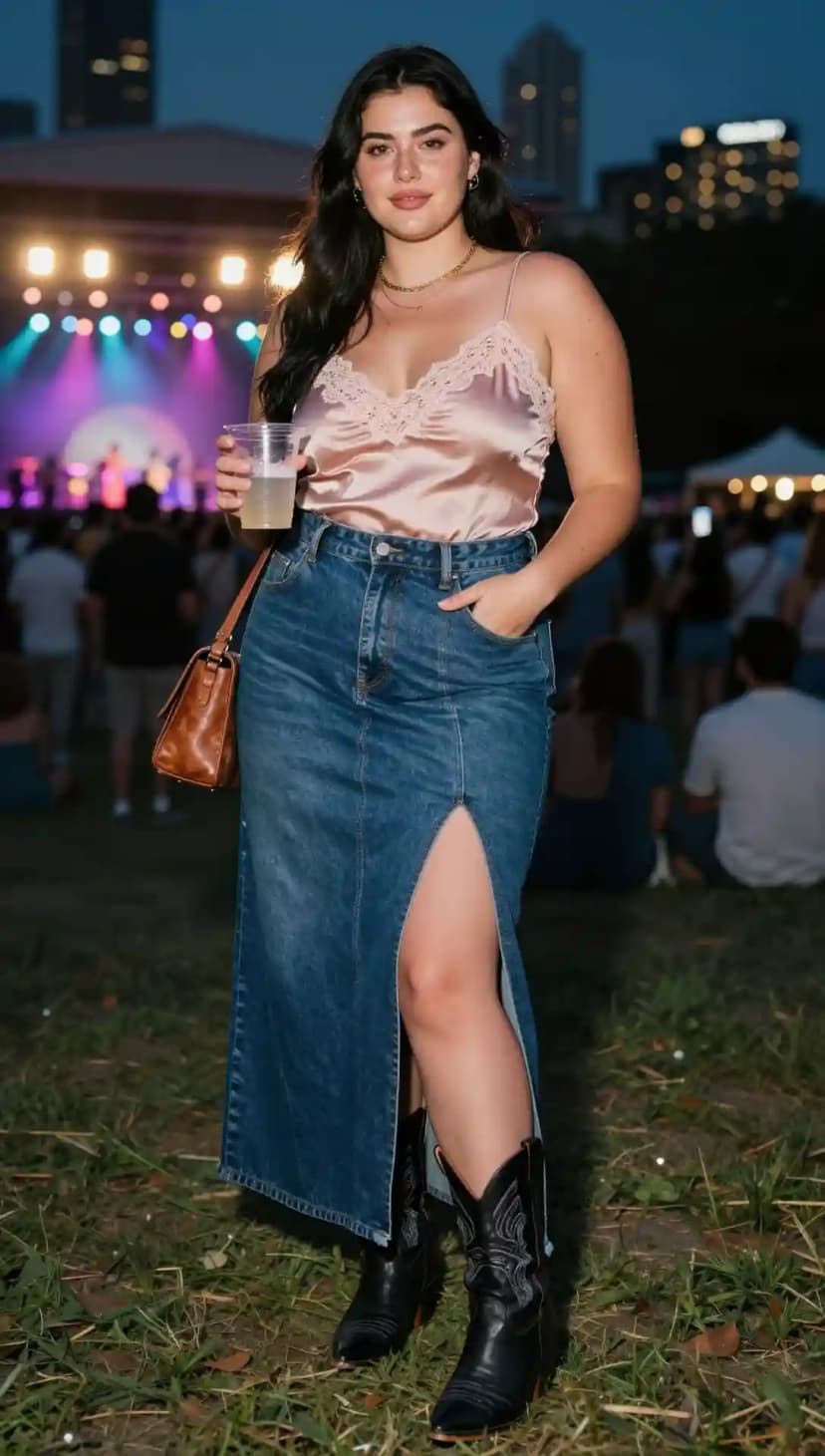 Pink Satin Cami + Denim Maxi Skirt + Black Cowboy Boots