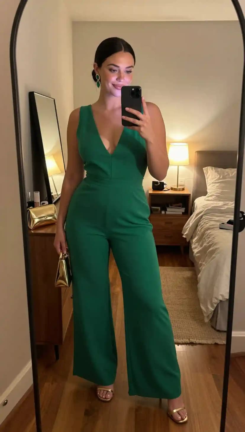 Emerald Green Jumpsuit + Gold Block Heels + Gold Clutch + Emerald Drop Earrings