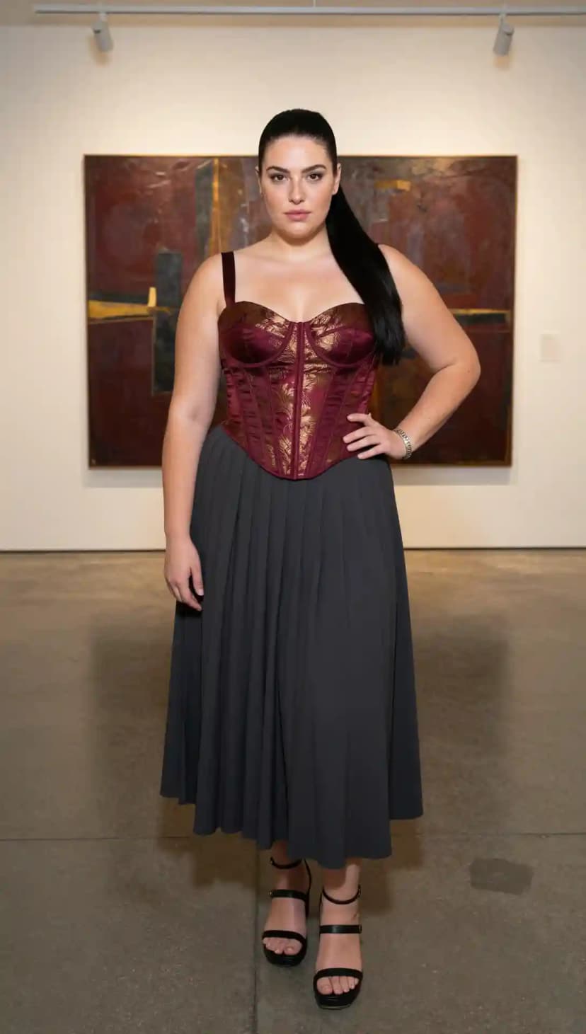 Burgundy Brocade Corset Top + Charcoal Pleated Skirt
