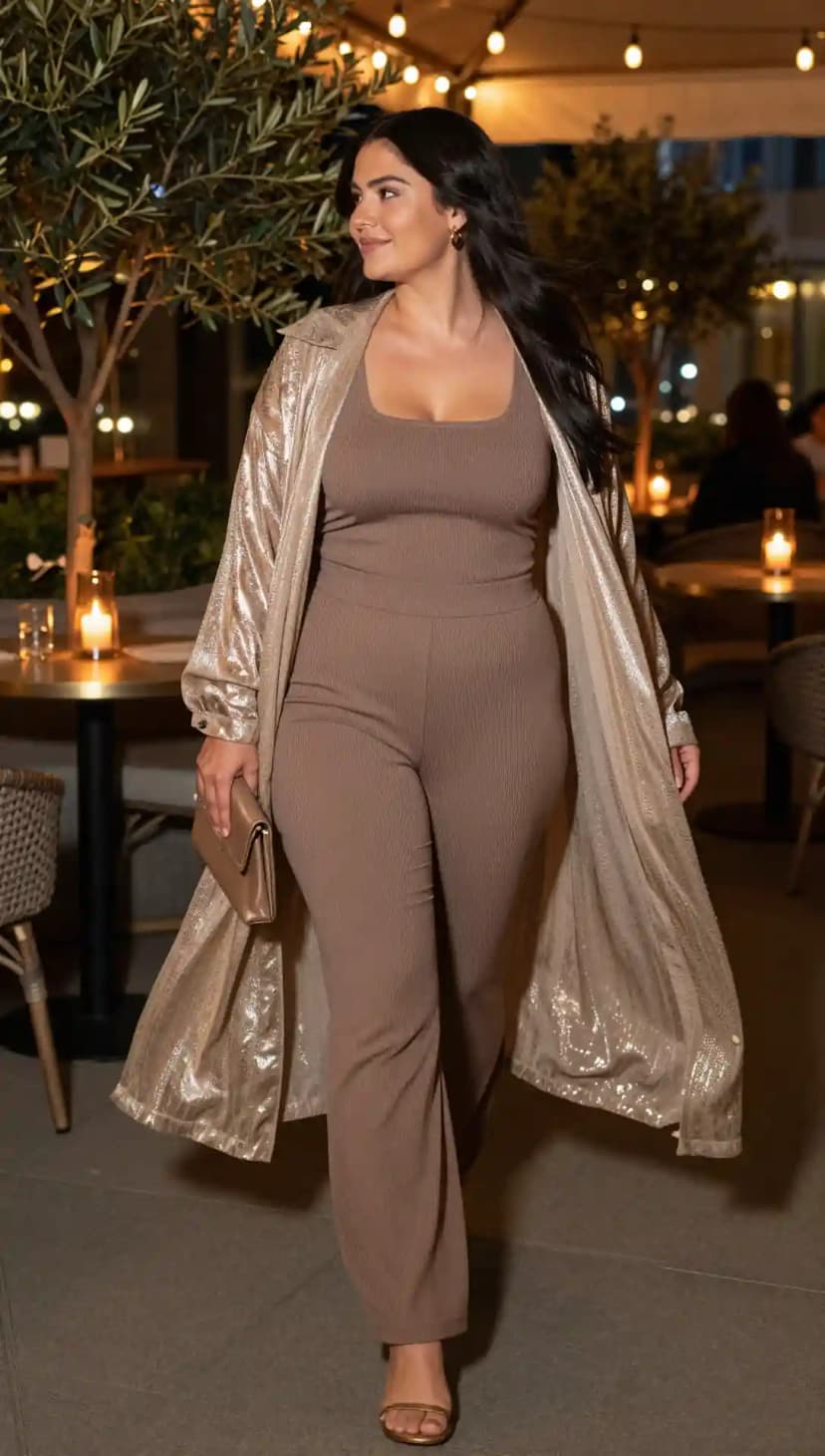 Brown Ribbed Knit Top + Brown Ribbed Knit Pants + Champagne Duster