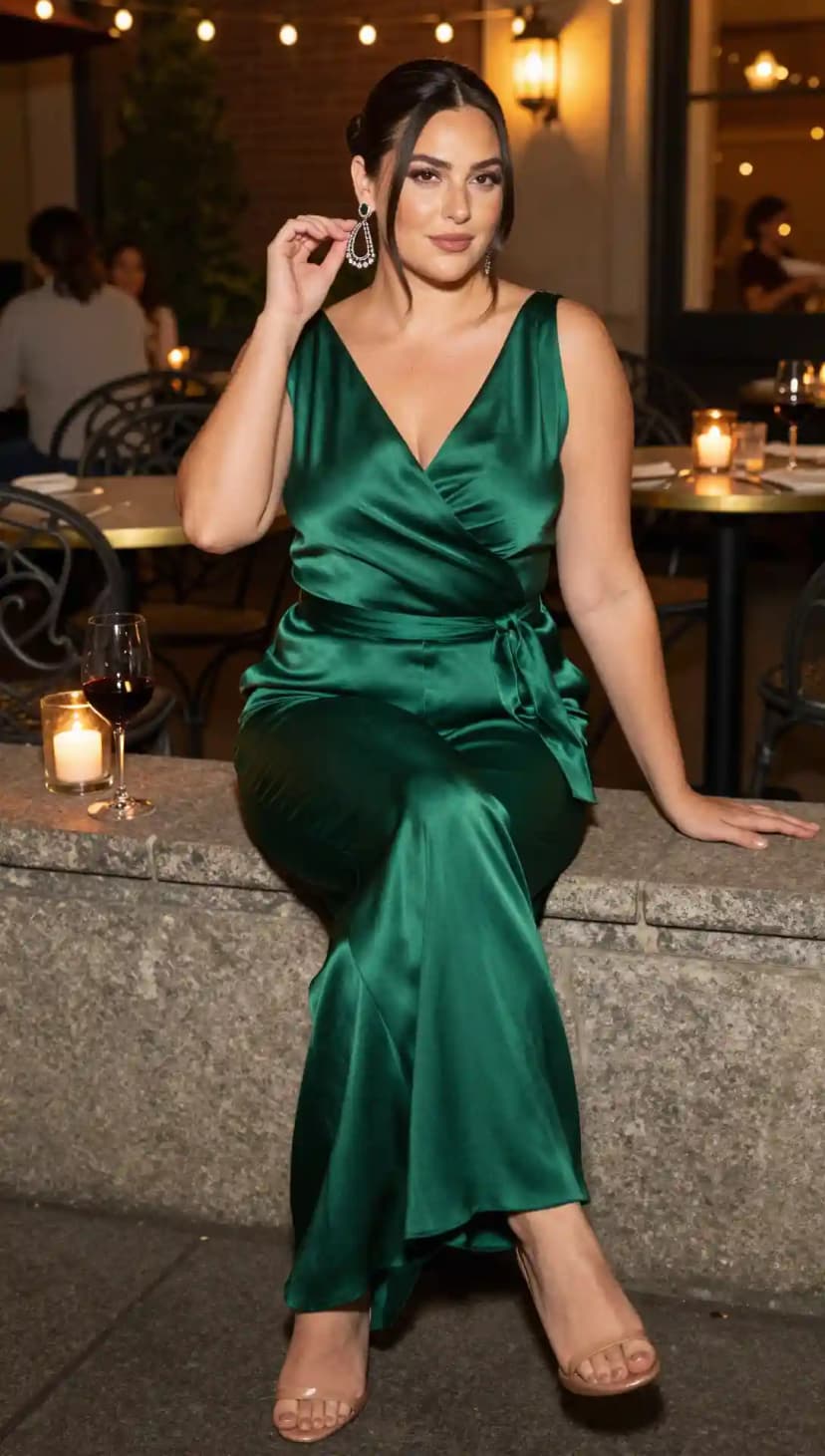 Emerald Green Satin Wrap Jumpsuit + Statement Earrings + Nude Heels