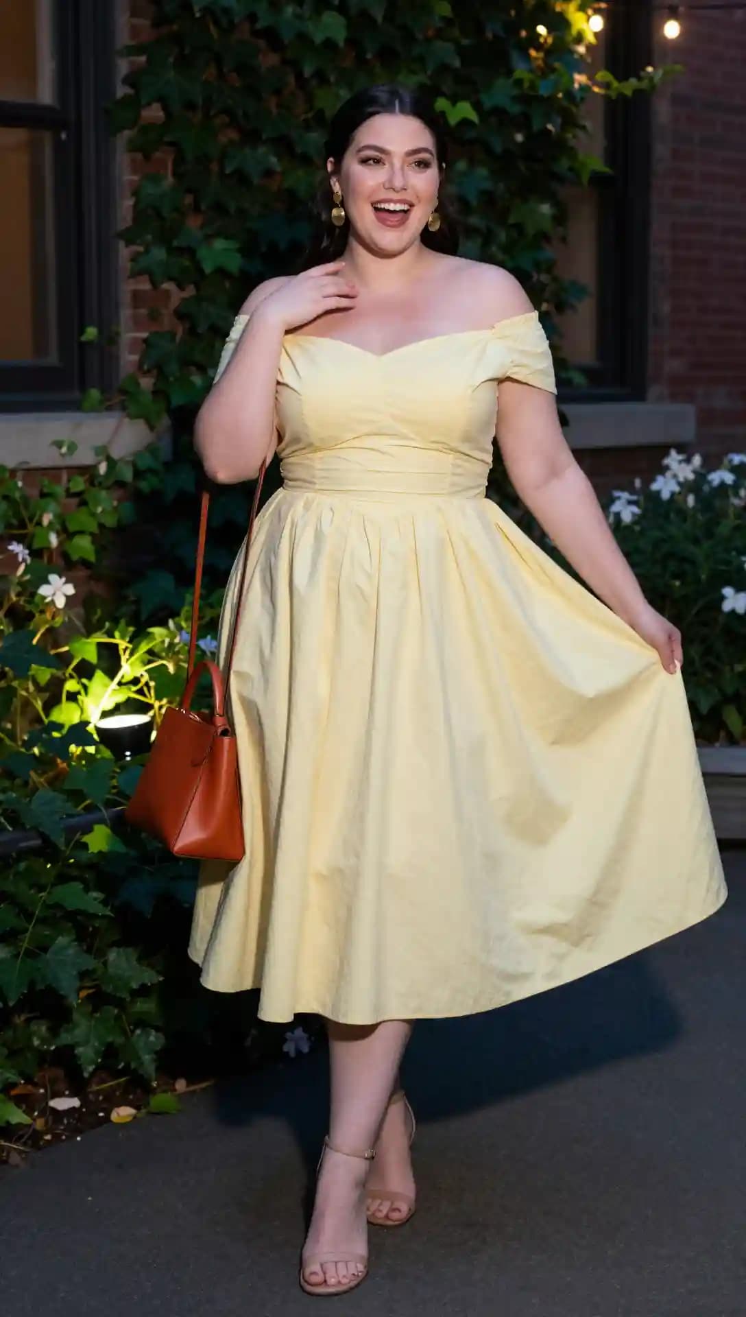 Yellow Off-the-Shoulder Midi Dress + Tan Block Heels + Brown Structured Bag