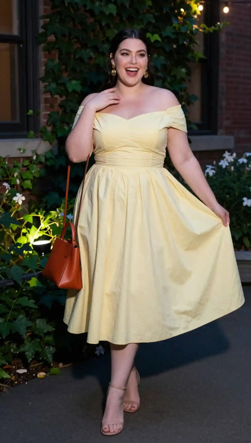 Yellow Off-the-Shoulder Midi Dress + Tan Block Heels + Brown Structured Bag