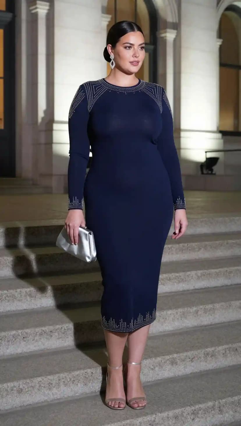 Navy Embellished Long Sleeve Dress + Silver Clutch