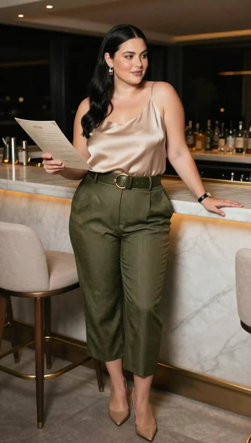 Champagne Camisole + Olive Green Tailored Trousers + Gold Hoop Earrings