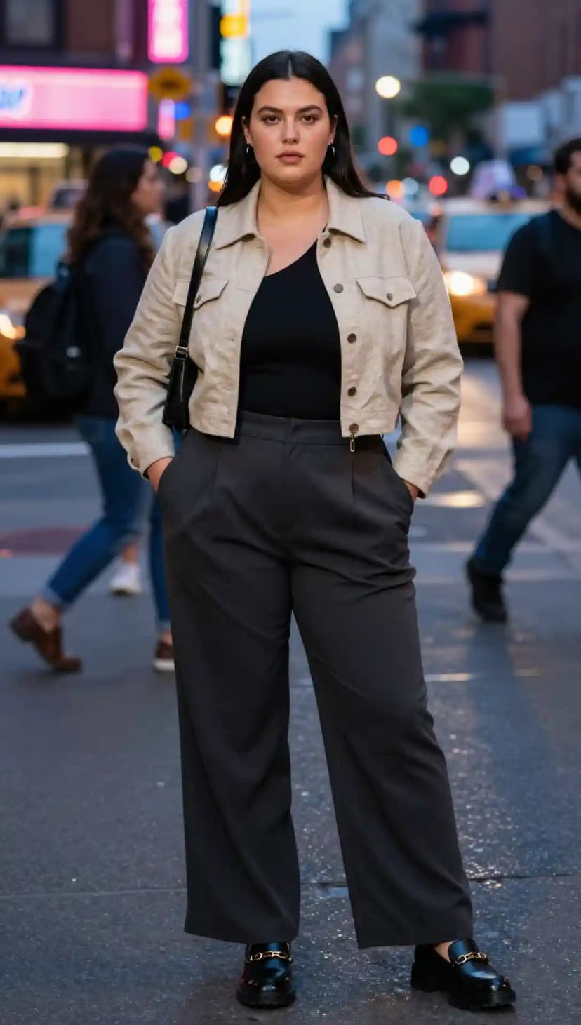 Beige Cropped Jacket + Black Bodysuit + Grey Wide-Leg Trousers
