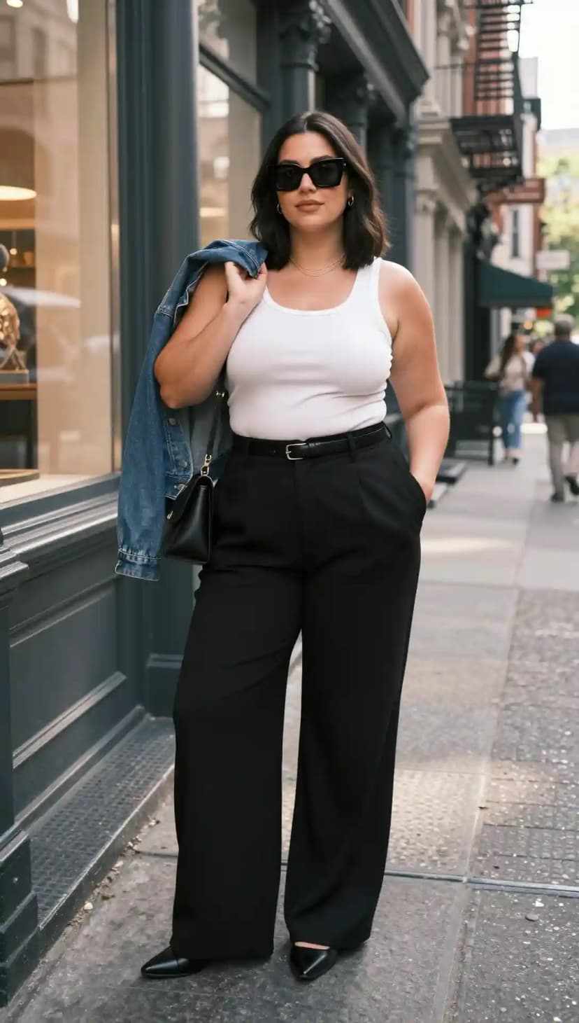 White Ribbed Tank Top + Black Wide-Leg Trousers + Denim Jacket