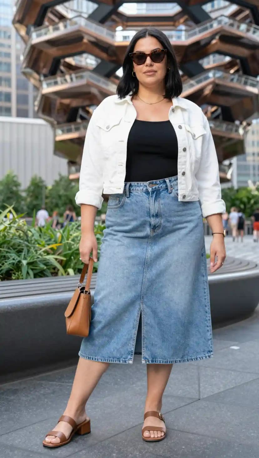 White Denim Jacket + Black Ribbed Tank Top + Light Wash Denim Midi Skirt