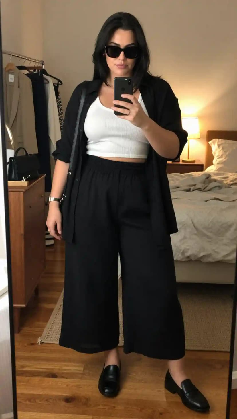 White Ribbed Tank Top + Black Wide-Leg Cropped Pants + Black Oversized Button-Down Shirt