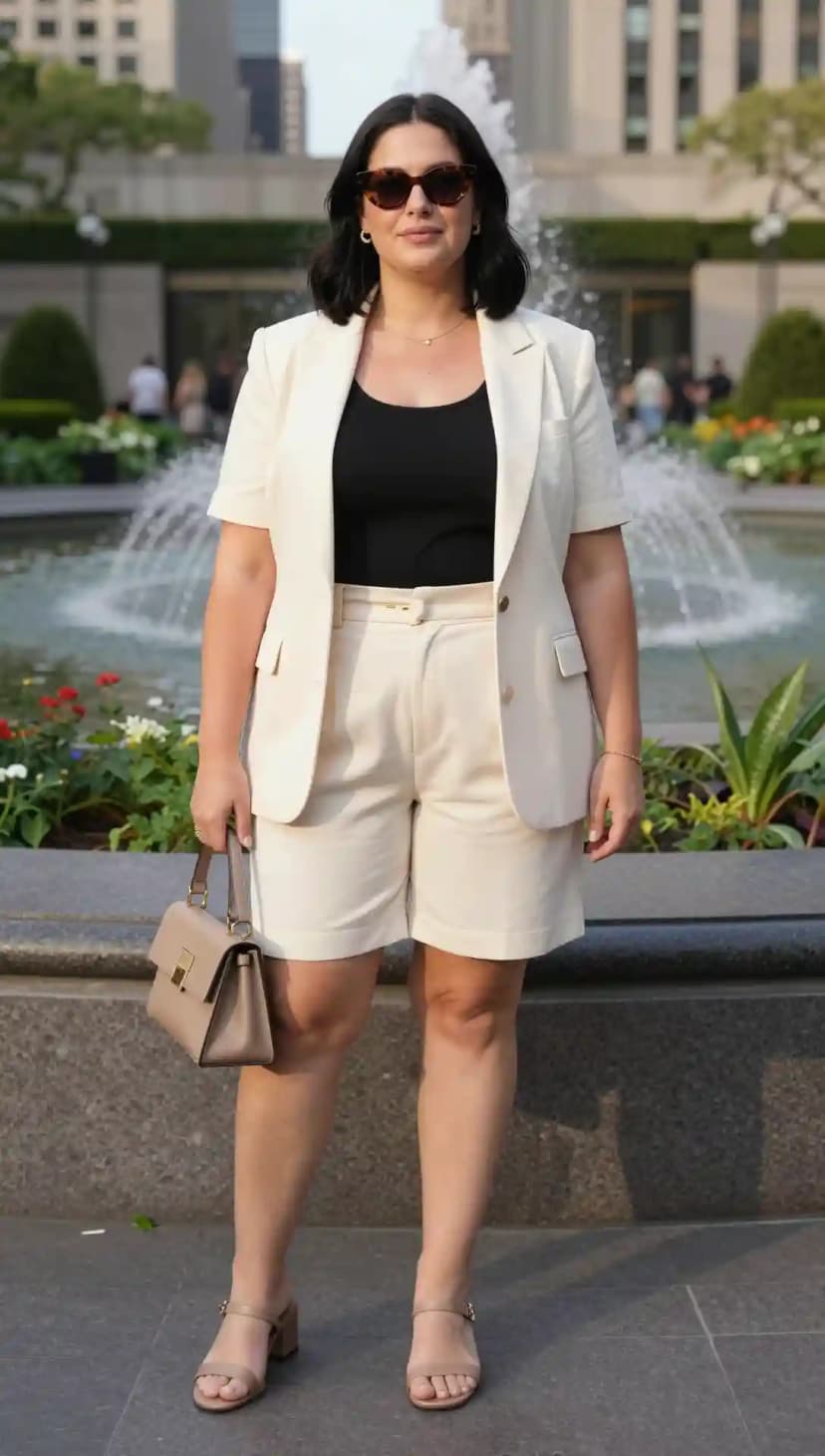 Cream Linen Blazer + Black Ribbed Tank Top + Cream Tailored Shorts