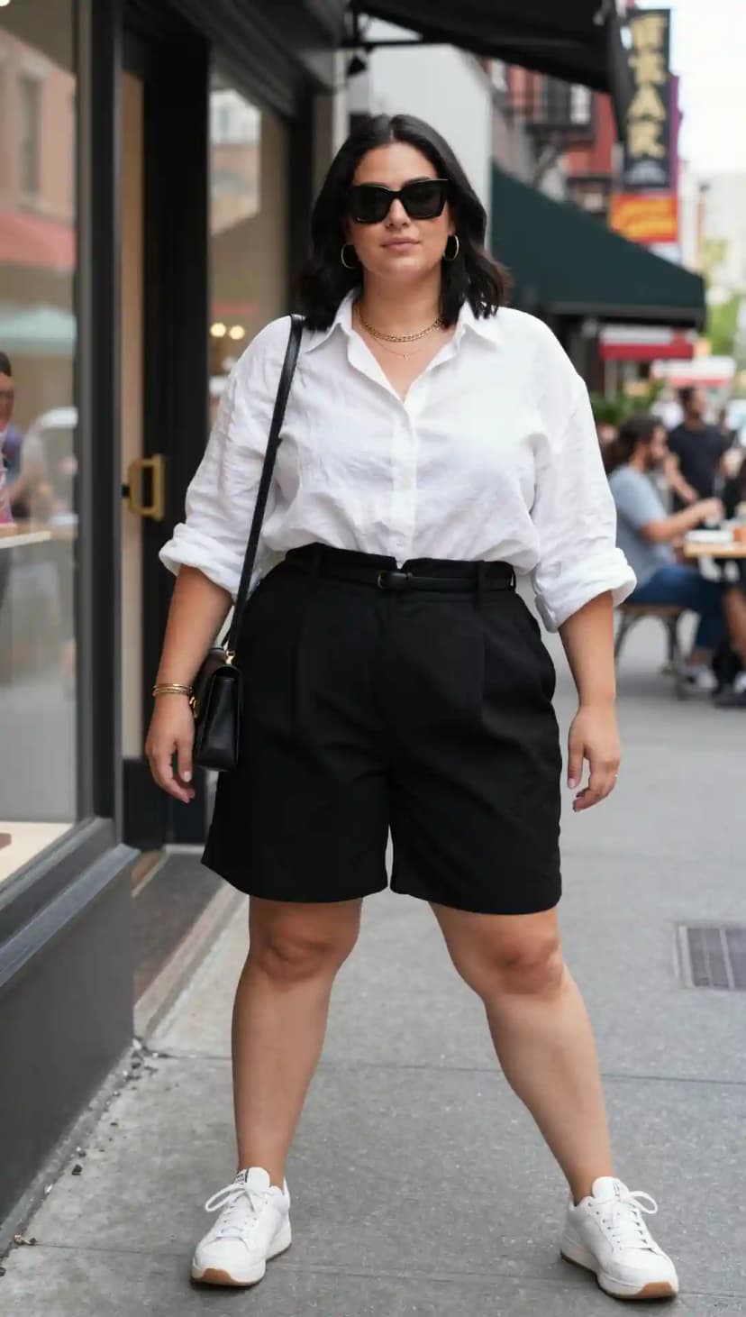 White Linen Button-Up Shirt + Black High-Waisted Pleated Shorts + White Sneakers