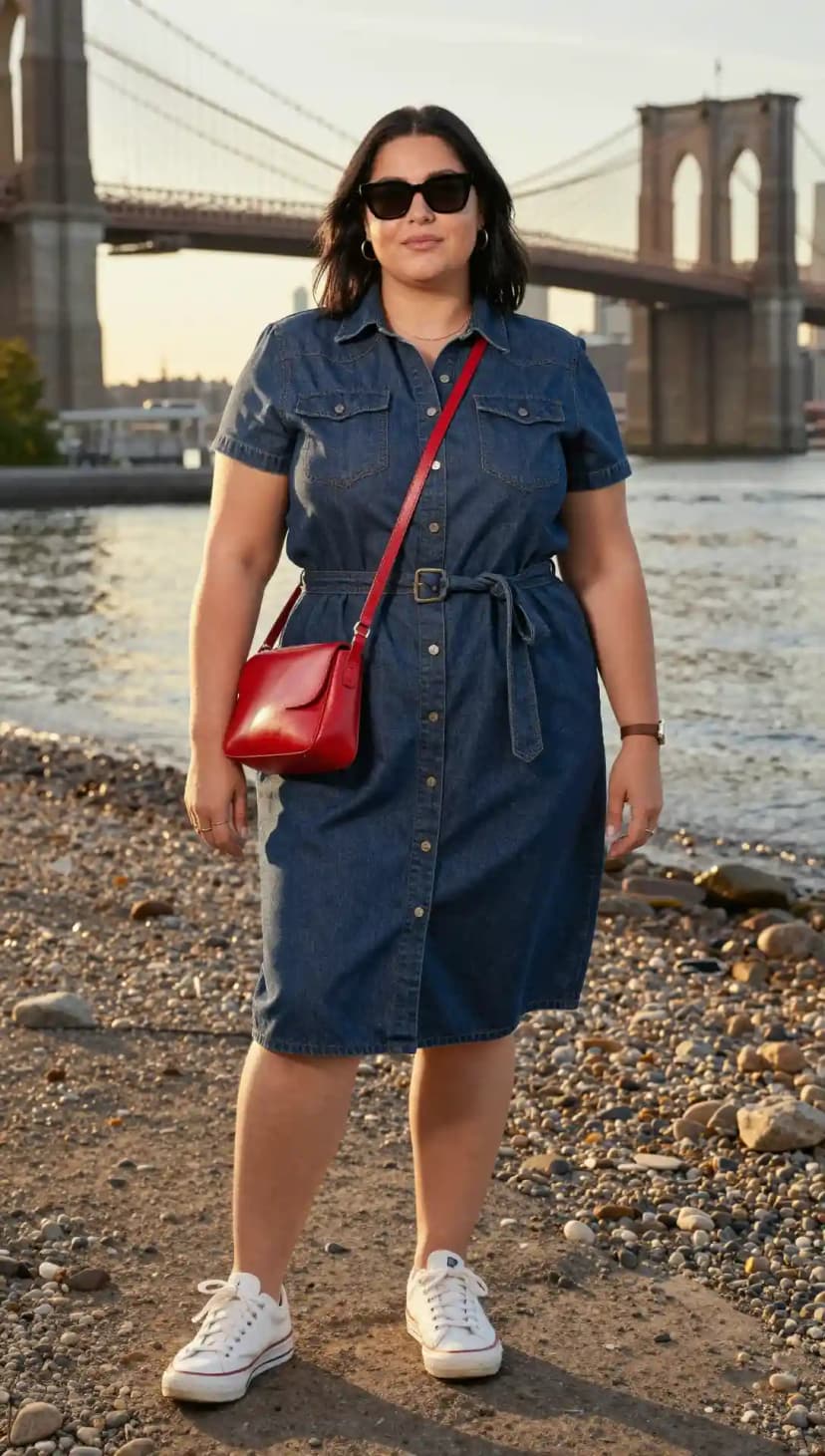 Denim Shirt Dress + Red Crossbody Bag + White Sneakers