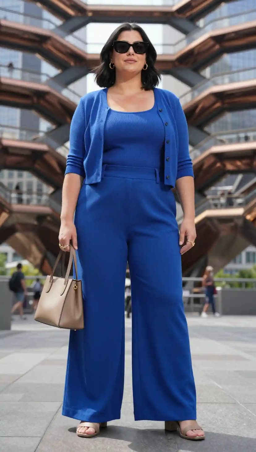 Royal Blue Knit Top + Royal Blue Knit Cardigan + Royal Blue Wide-Leg Pants